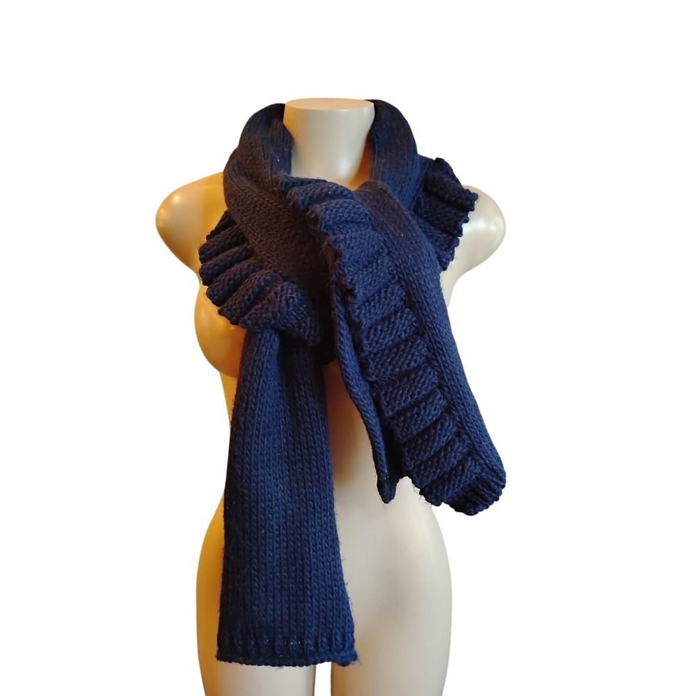 Echo Navy Blue Chunky Knit Ruffle Edge Scarf 64x9 Winter Warm Wrap